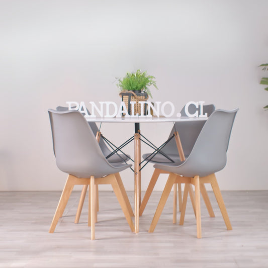 Comedor Mesa Redonda Estela Blanca 80cm + 4 Sillas Tulip Gris