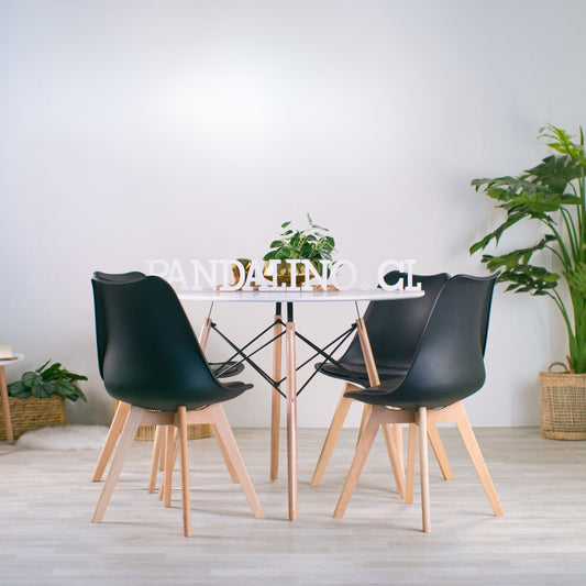 Comedor Mesa Redonda Estela Blanca 80cm + 4 Sillas Tulip Negro