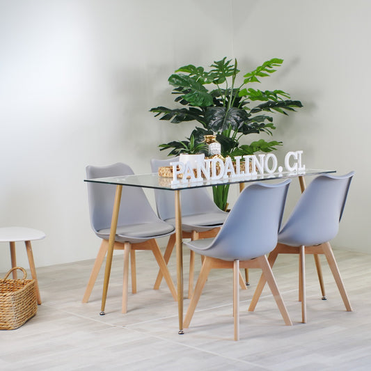 Comedor Mesa Rectangular Vitreo 120x80 + 4 Sillas Tulip Gris