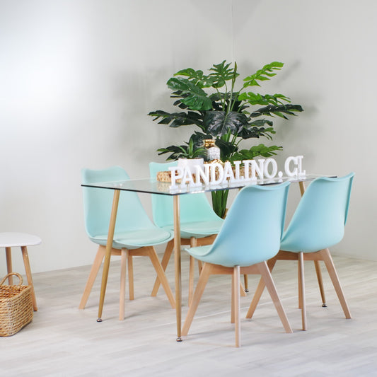 Comedor Mesa Rectangular Vitreo 120x80 + 4 Sillas Tulip Menta