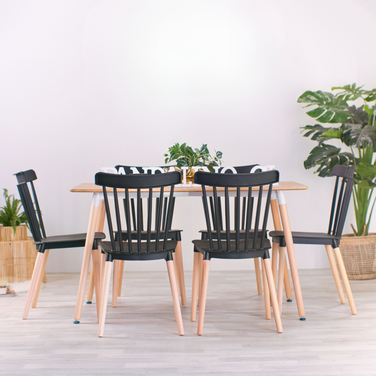 Comedor Mesa Álamo + 6 Sillas Windsor Negras | Estilo Nórdico
