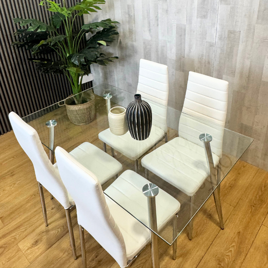 Comedor Mesa Rectangular Vitreo 130x80 + 4 Silla Dining Blanca