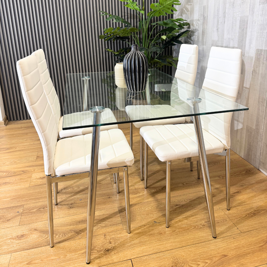 Comedor Mesa Rectangular Vitreo 130x80 + 4 Silla Dining Blanca