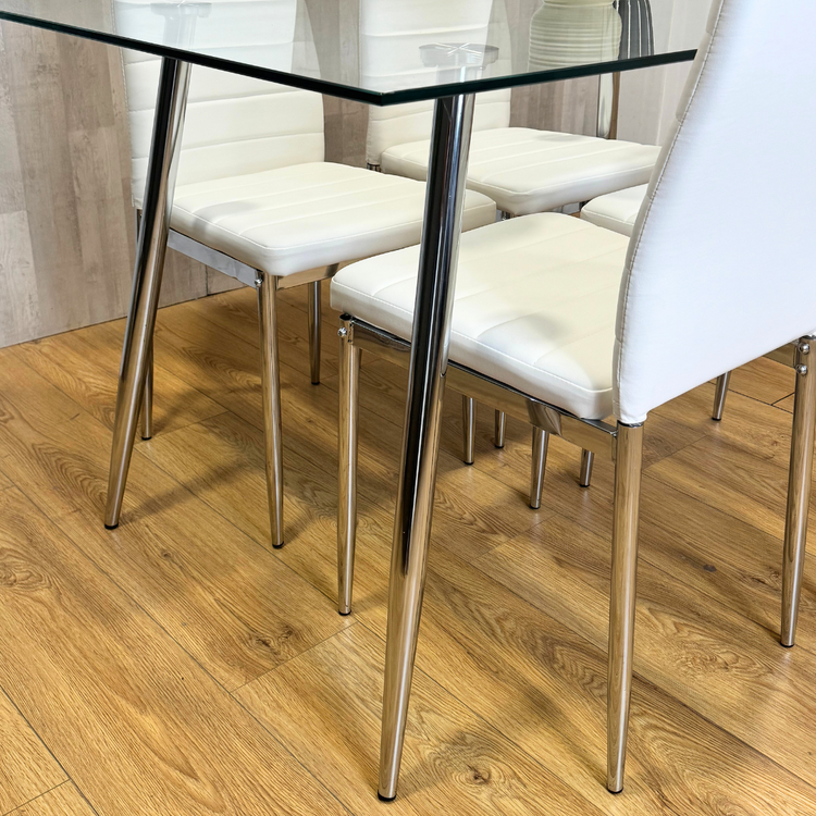 Comedor Mesa Rectangular Vitreo 130x80 + 4 Silla Dining Blanca