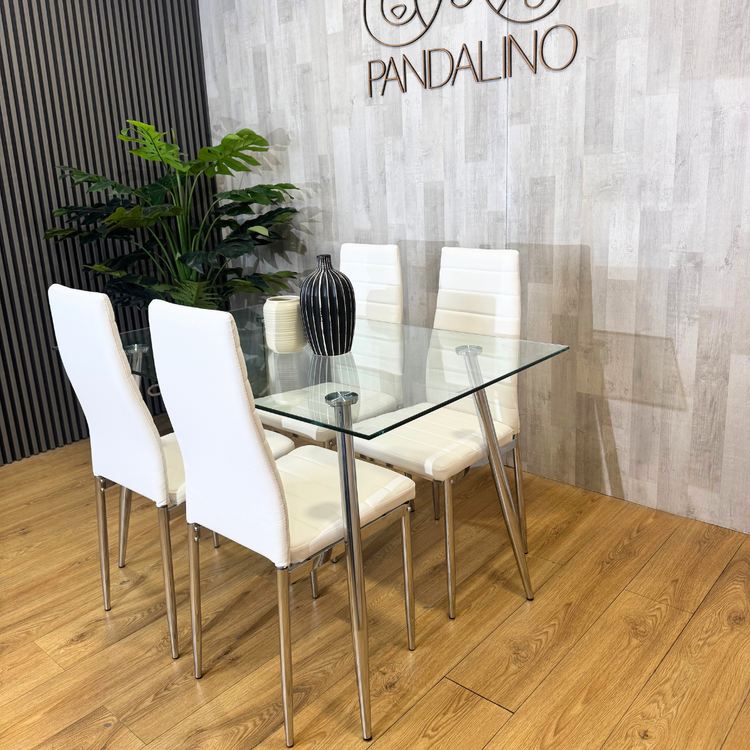 Comedor Mesa Rectangular Vitreo 130x80 + 4 Silla Dining Blanca
