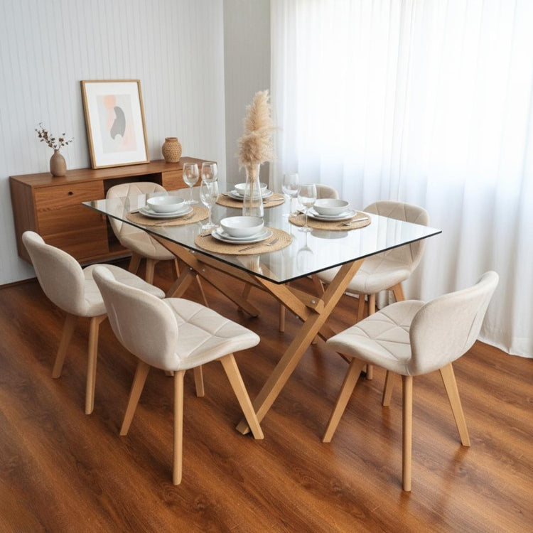 Comedor Moderno Mesa Xinia 140x90 + 6 Sillón Rubik Velvet Beige