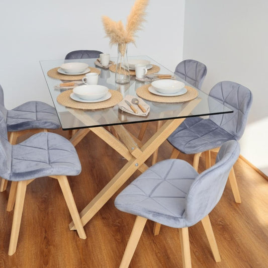 Comedor Moderno Mesa Xinia 140x90 + 6 Sillones Rubik Velvet Gris