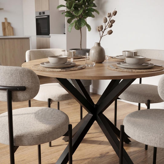 Comedor Mesa Redonda Equiz 100cm Madera | Base X Negro + 4 Sillas Makena Beige