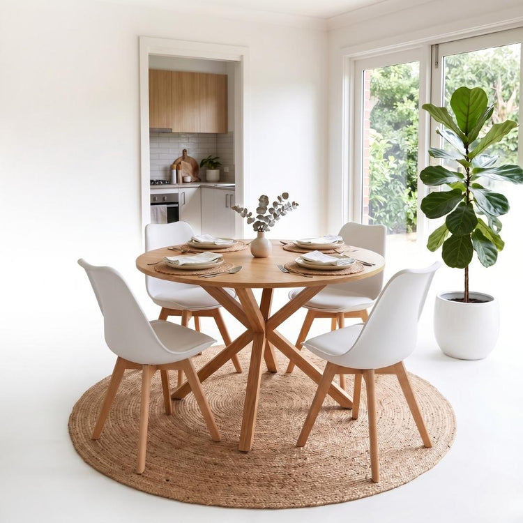 Comedor Mesa Redonda Equiz Wood 100cm | Base X + 4 Sillas Tulip Blancas