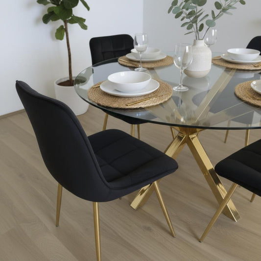 Comedor Mesa Equiz 100cm (Patas X Dorada) + 4 Sillas Kena Negro (Pata dorada)