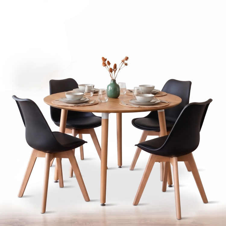 Comedor Extensible Bayona Wood 100-180cm + 4 Sillas Tulip Negro