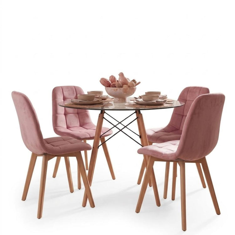 Comedor Mesa Redonda Elida 100cm + 4 Sillón Vorak Velvet Rosada