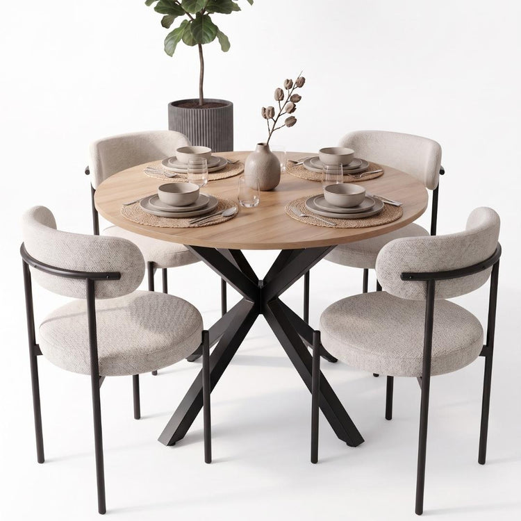 Comedor Mesa Redonda Equiz 100cm Madera | Base X Negro + 4 Sillas Makena Beige