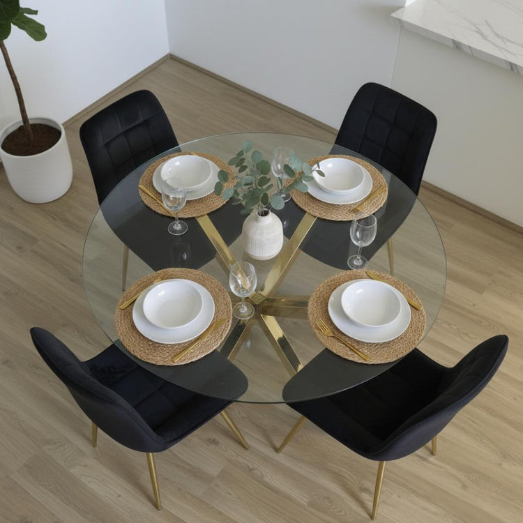 Comedor Mesa Equiz 100cm (Patas X Dorada) + 4 Sillas Kena Negro (Pata dorada)
