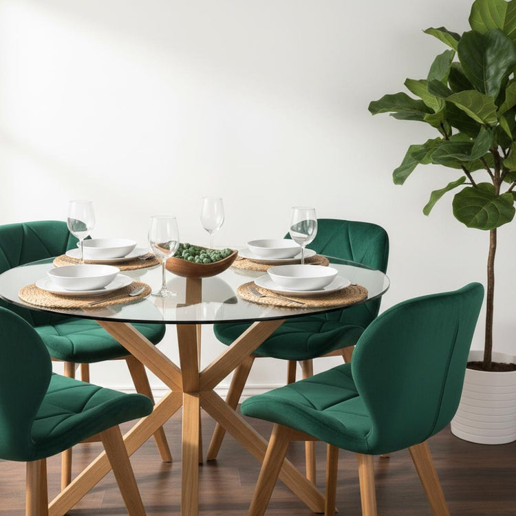 Comedor Mesa Redonda Equiz 100cm + 4 Sillón Rubik Velvet Verde Esmeralda