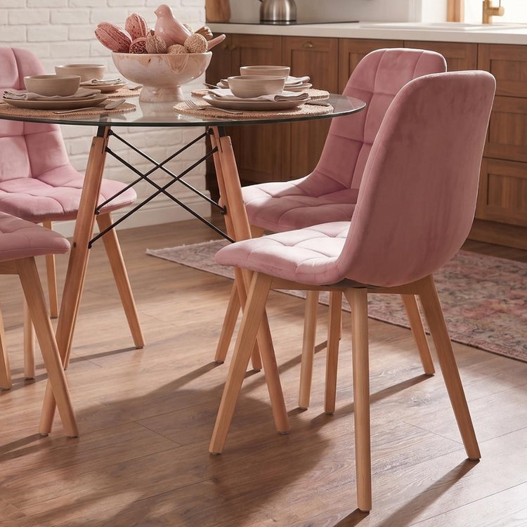 Comedor Mesa Redonda Elida 100cm + 4 Sillón Vorak Velvet Rosada