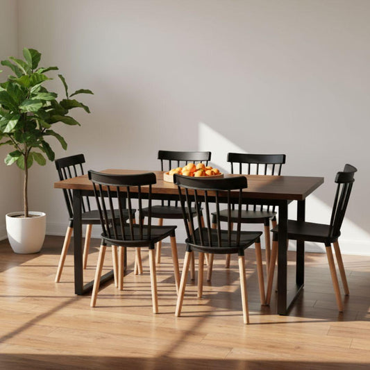 Comedor Mesa Rectangular Ámbar 160x90 + 6 Sillas Windsor Negro