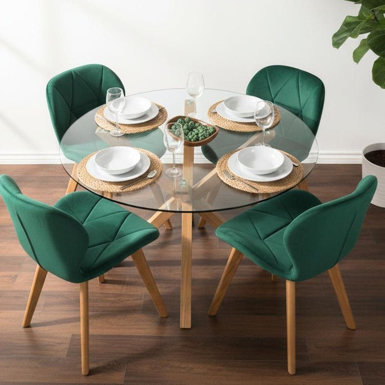 Comedor Mesa Redonda Equiz 100cm + 4 Sillón Rubik Velvet Verde Esmeralda