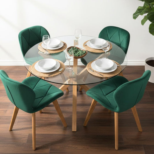 Comedor Mesa Redonda Equiz 100cm + 4 Sillones Rubik Velvet Verde Esmeralda