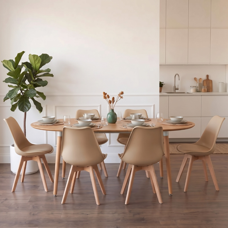 Comedor Extensible Bayona Wood 100-180cm + 4 Sillas Tulip Beige