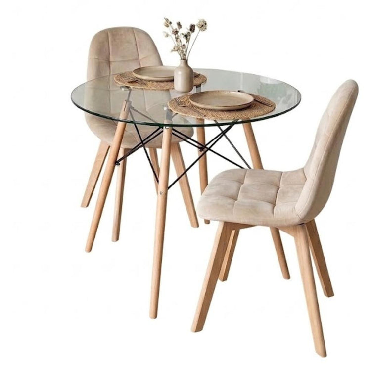 Comedor Mesa Redonda Elida 80cm + 2 Sillón Vorak Velvet Beige