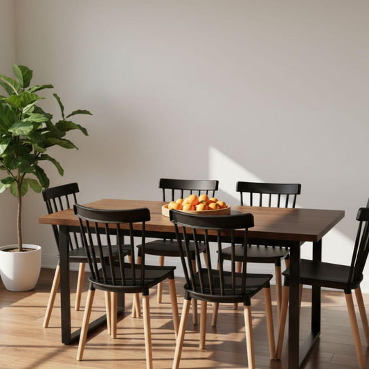 Comedor Mesa Rectangular Ámbar 160x90 + 6 Sillas Windsor Negro