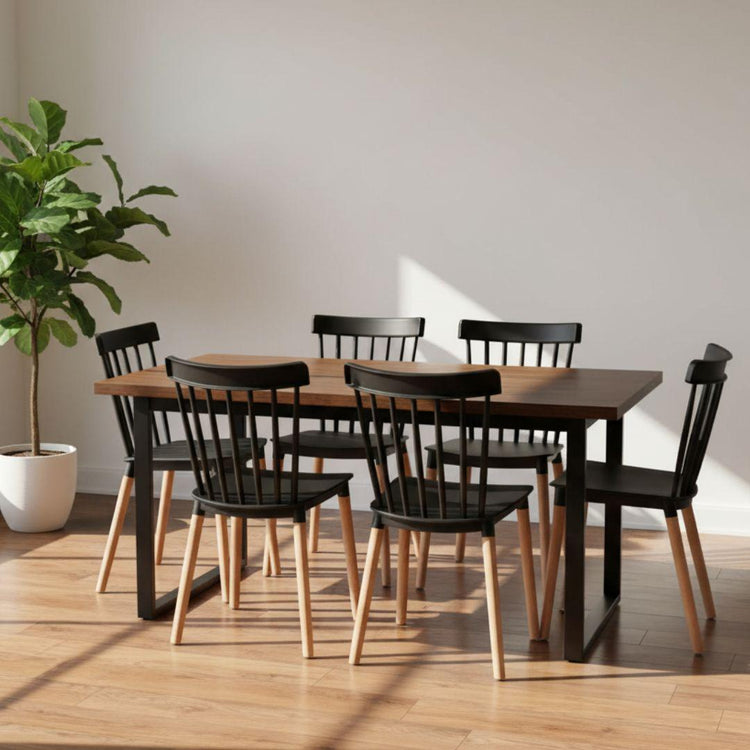 Comedor Mesa Rectangular Ámbar 160x90 + 6 Sillas Windsor Negro