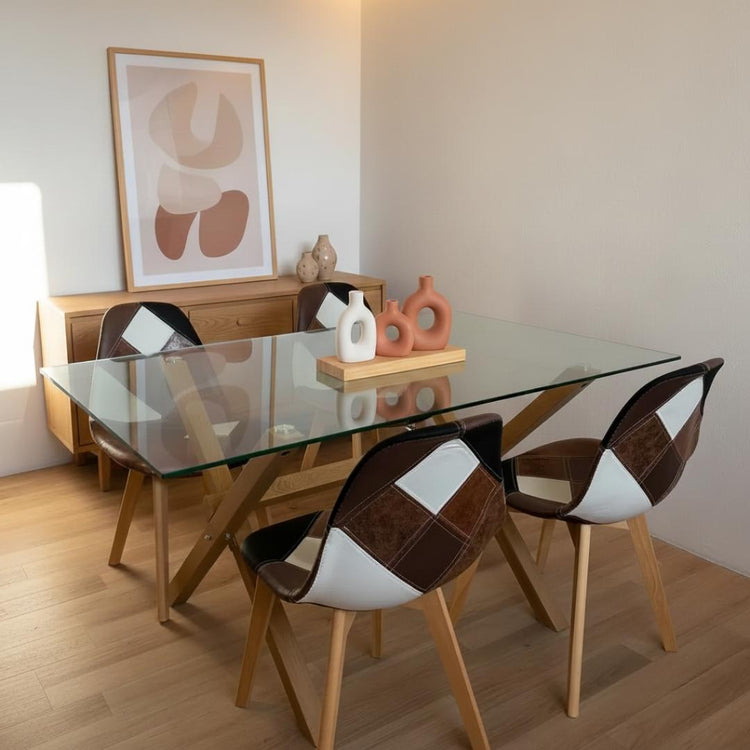 Comedor Mesa Xinia 130x80 + 4 Silla Patchwork Da Vinci | Ecocuero Café