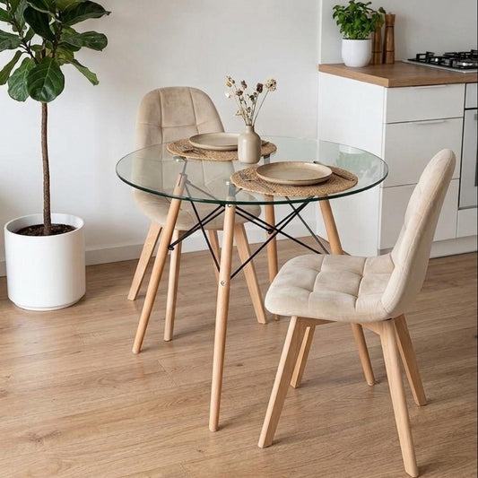 Comedor Mesa Redonda Elida 80cm + 2 Sillón Vorak Velvet Beige