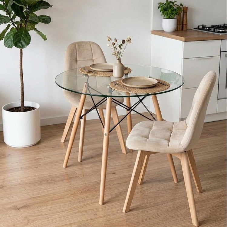 Comedor Mesa Redonda Elida 80cm + 2 Sillón Vorak Velvet Beige