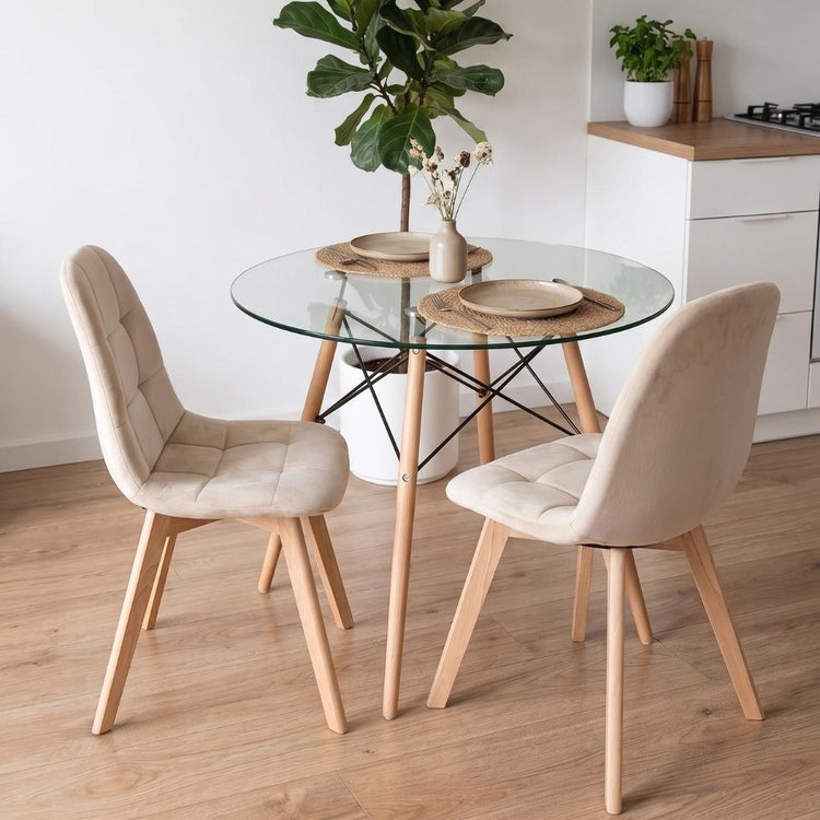 Comedor Mesa Redonda Elida 80cm + 2 Sillón Vorak Velvet Beige