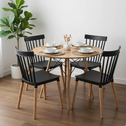 Comedor Redondo Shanna 80 cm + 4 Sillas Windsor Negro