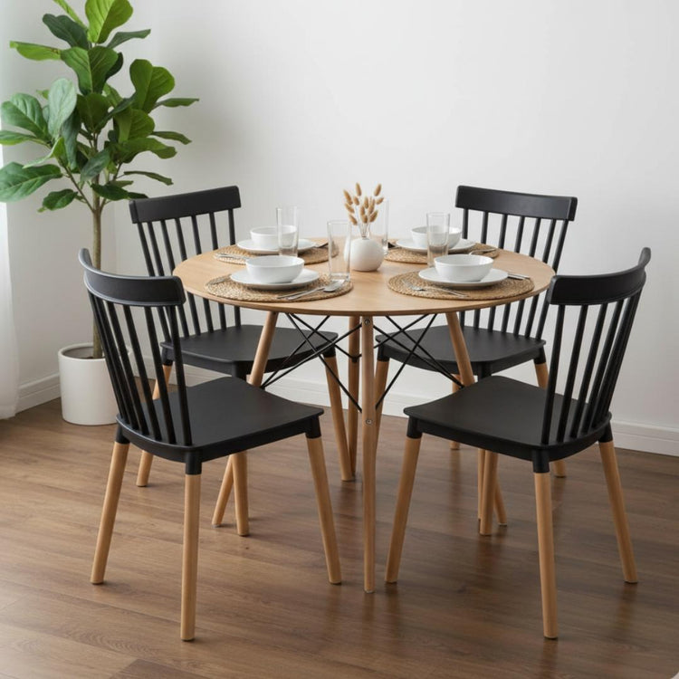 Comedor Redondo Shanna 80 cm + 4 Sillas Windsor Negro