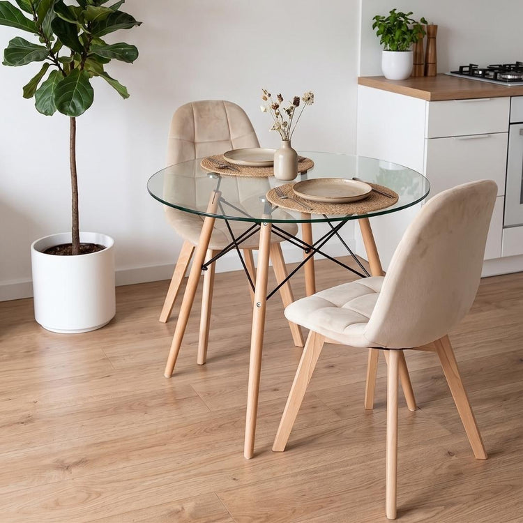 Comedor Mesa Redonda Elida 80cm + 2 Sillón Vorak Velvet Beige