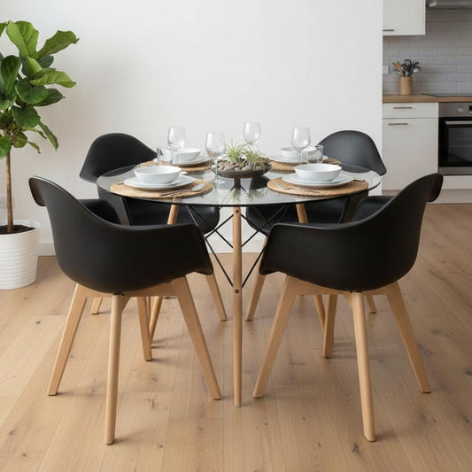 Comedor Mesa Redonda Elida 80cm + 4 Butaca Monee Negro