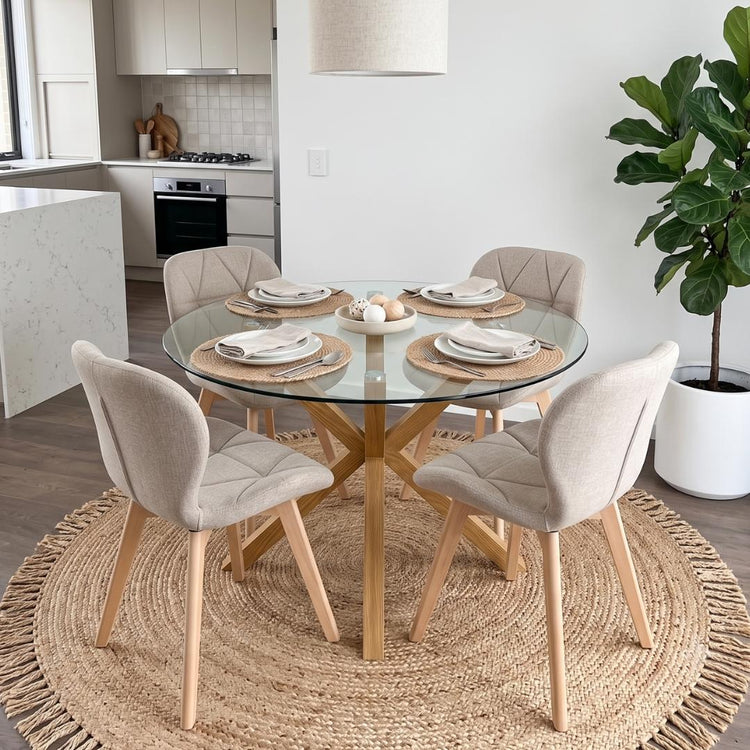 Comedor Mesa Equiz 100cm + 4 Sillón Rubik Lino Beige
