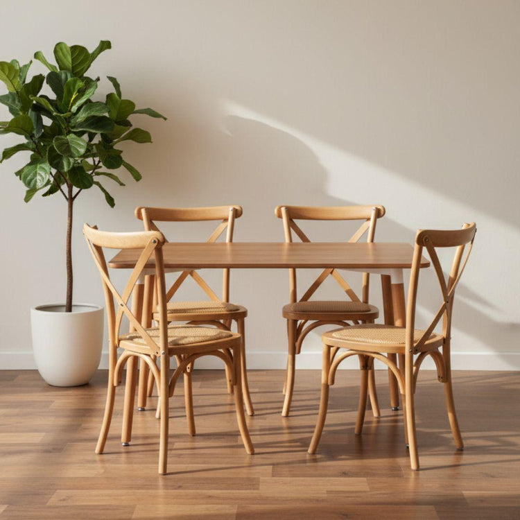 Comedor Mesa Rectangular Alamo 130x80 + 4 Sillas Crossback Madera Natural