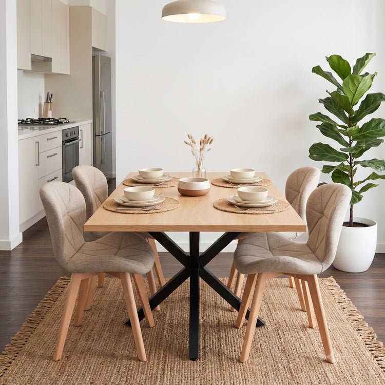 Comedor Mesa Greta Wood 140x90 | Pata Negra + 4 Sillón Rubik Lino Beige