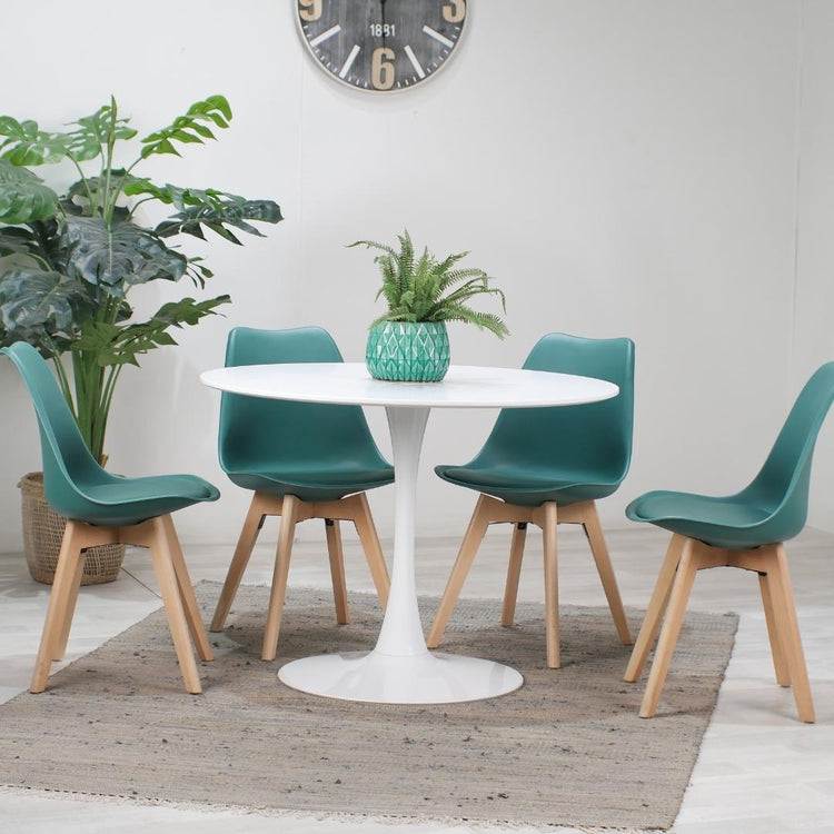 Comedor Mesa Tulip Blanca 80cm + 4 Sillas Tulip Verde Esmeralda