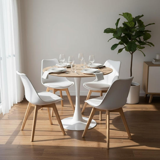 Comedor Mesa Tulip 100 cm (Cubierta Efecto Madera) + 4 Sillas Tulip Blanca