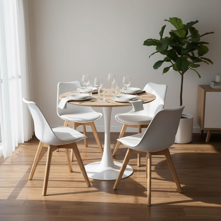 Comedor Mesa Tulip 100 cm (Cubierta Efecto Madera) + 4 Sillas Tulip Blanca
