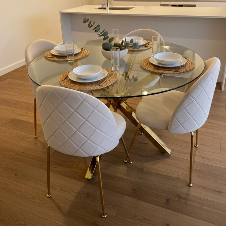 Comedor Mesa Equiz 100cm (Patas X Dorada) + 4 Sillas Adela Beige