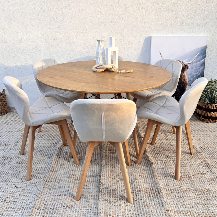 Comedor Mesa Shanna 120cm + 6 Sillón Rubik Beige Velvet