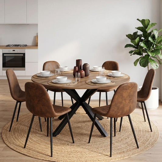 Comedor Mesa Redonda Equiz 120cm Madera | Base X Negro + 6 Sillas Isidora