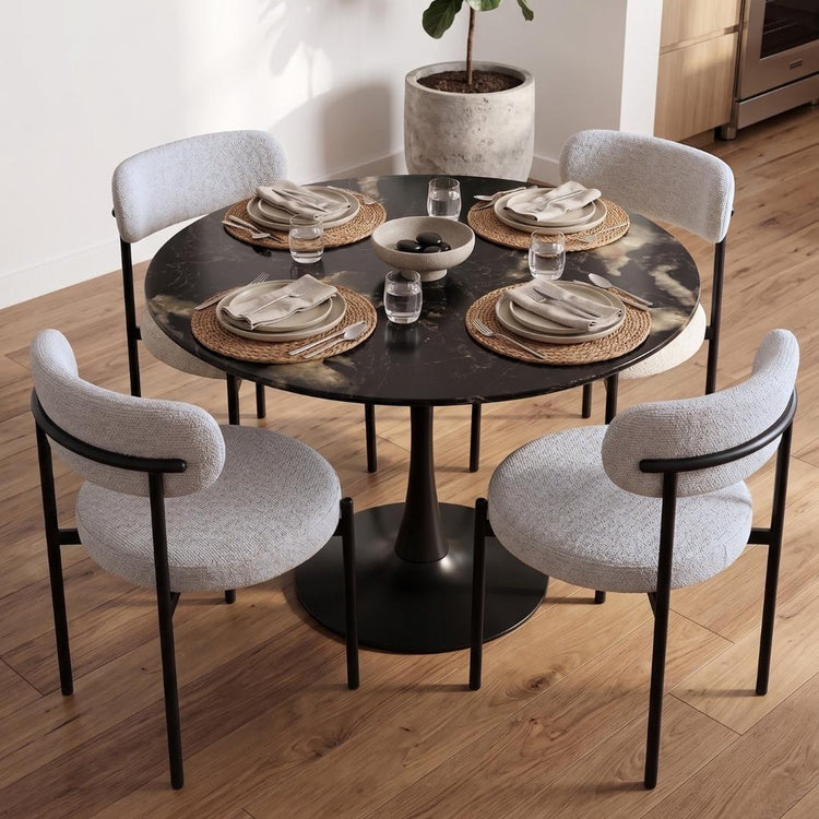 Comedor Mesa Tulip 100 cm | Piedra & Base Negro + 4 Sillas Makena Gris
