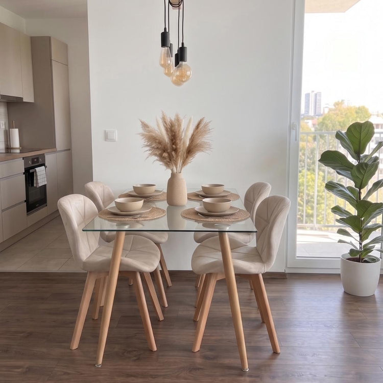 Comedor Mesa Vitreo 120x80 + 4 Sillón Rubik Velvet Beige