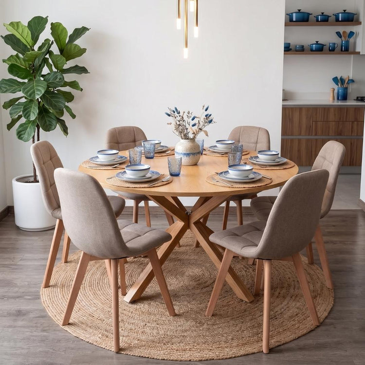 Comedor Mesa Redonda Equiz Wood  120cm + 6 Sillas Vorak Lino Beige