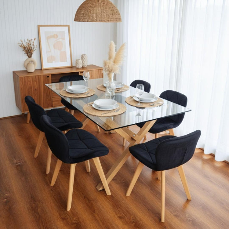 Comedor Moderno Mesa Xinia 140x90 + 6 Sillones Rubik Velvet Negro