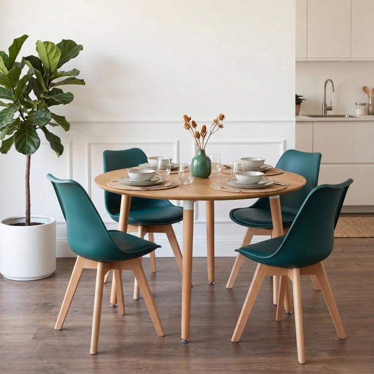 Comedor Extensible Bayona Wood 100-180cm + 4 Sillas Tulip Verde Esmeralda