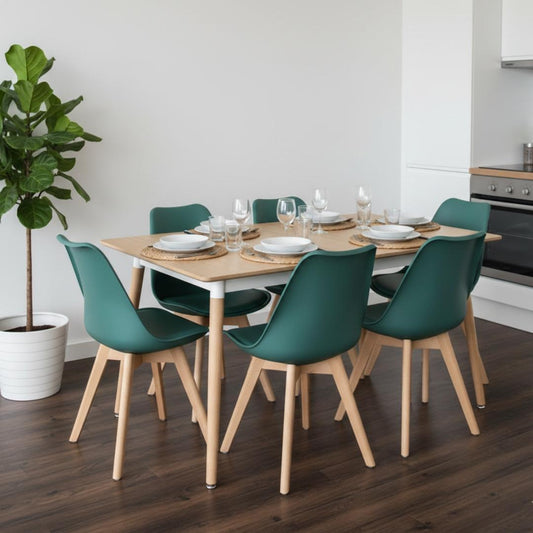 Comedor Mesa Rectangular Alamo 130x80 + 6 Sillas Tulip Verde Esmeralda
